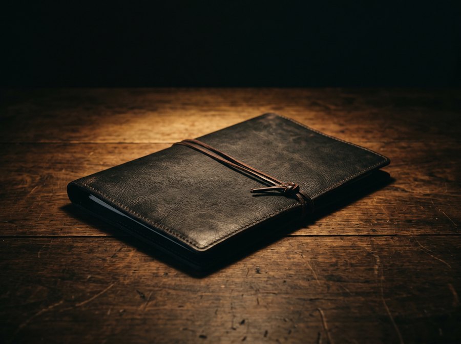 Skórzany notes na drewnianym stole