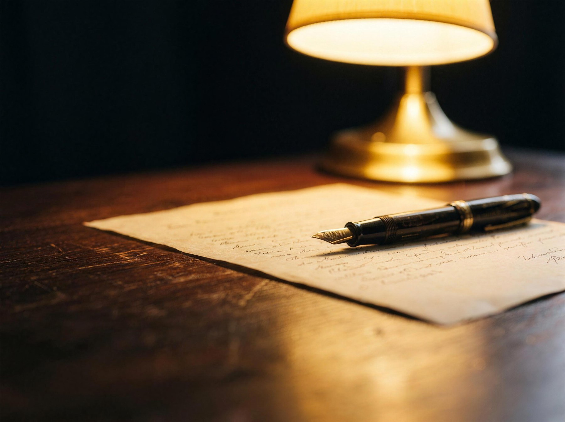 Lampka biurkowa nad kartką papieru i wiecznym piórem